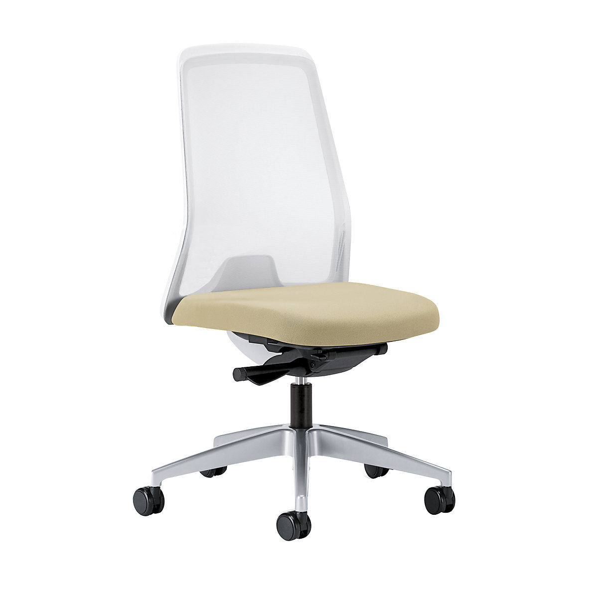 Otočná židle pro operátory EVERY, bílé síťované opěradlo – interstuhl, jasně stříbrný podstavec, s měkkými kolečky, béžová, hloubka sedáku 430 mm-3