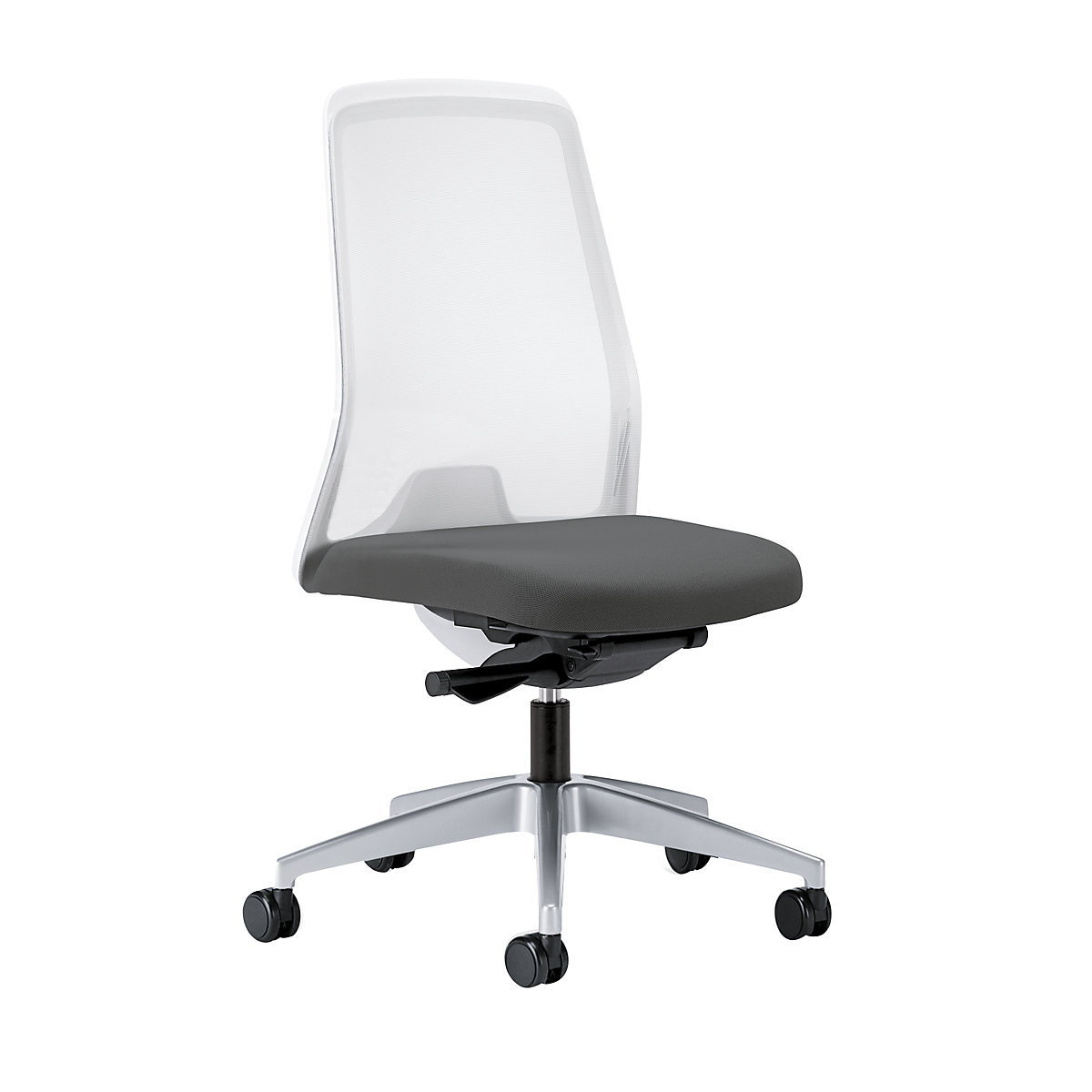 Otočná židle pro operátory EVERY, bílé síťované opěradlo – interstuhl, jasně stříbrný podstavec, s měkkými kolečky, ocelová šedá, hloubka sedáku 430 mm-2
