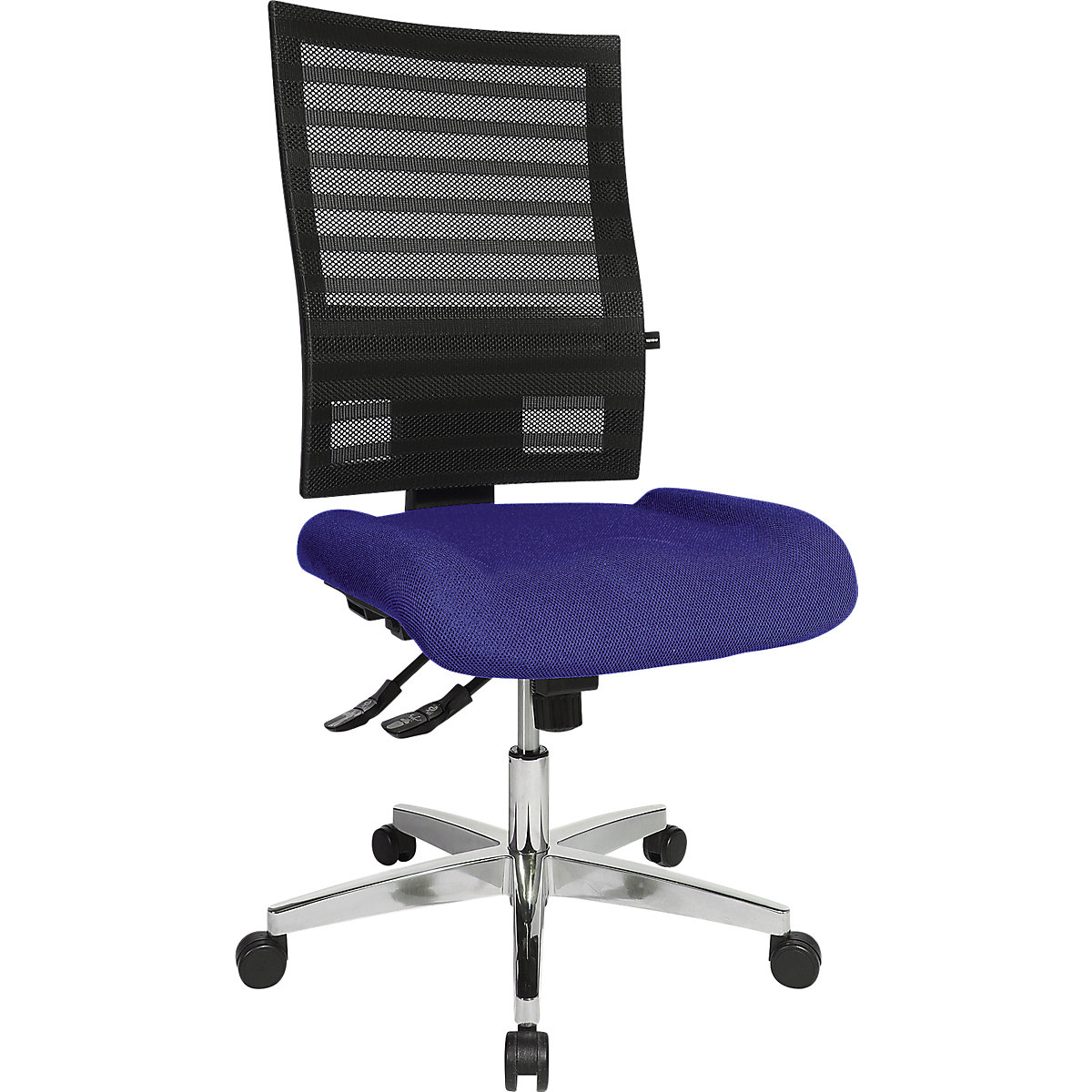 Otočná židle pro operátory – Topstar, černé síťované opěradlo, potah modrý-4