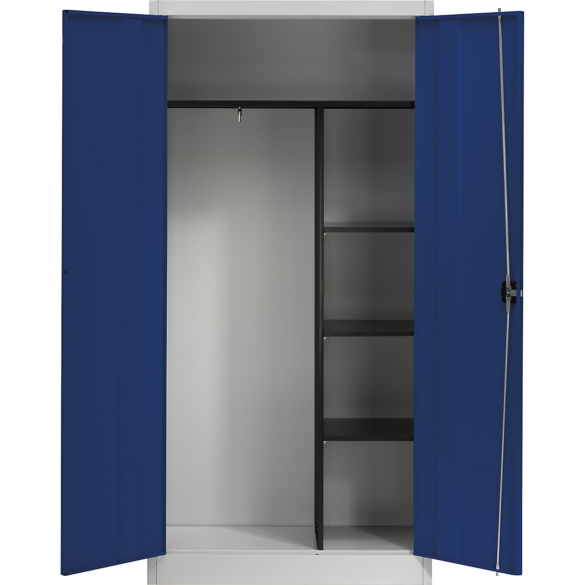 Ocelová skříň s otočnými dveřmi – mauser, 3 krátké police a věšák, světle šedá / ultramarínově modrá-5