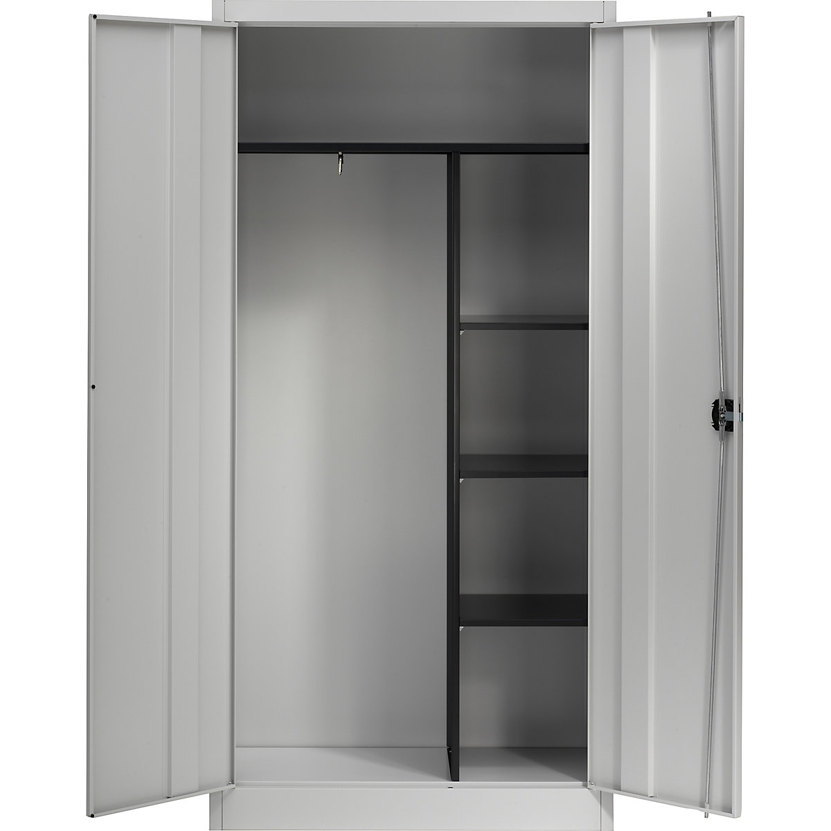 Ocelová skříň s otočnými dveřmi – mauser, 3 krátké police a věšák, světle šedá-4
