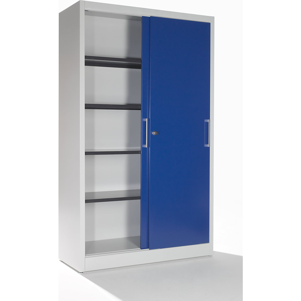 Skříň s posuvnými dveřmi – mauser, se 4 policemi, v x š x h 1965 x 1200 x 420 mm, světle šedá / ultramarínově modrá-10