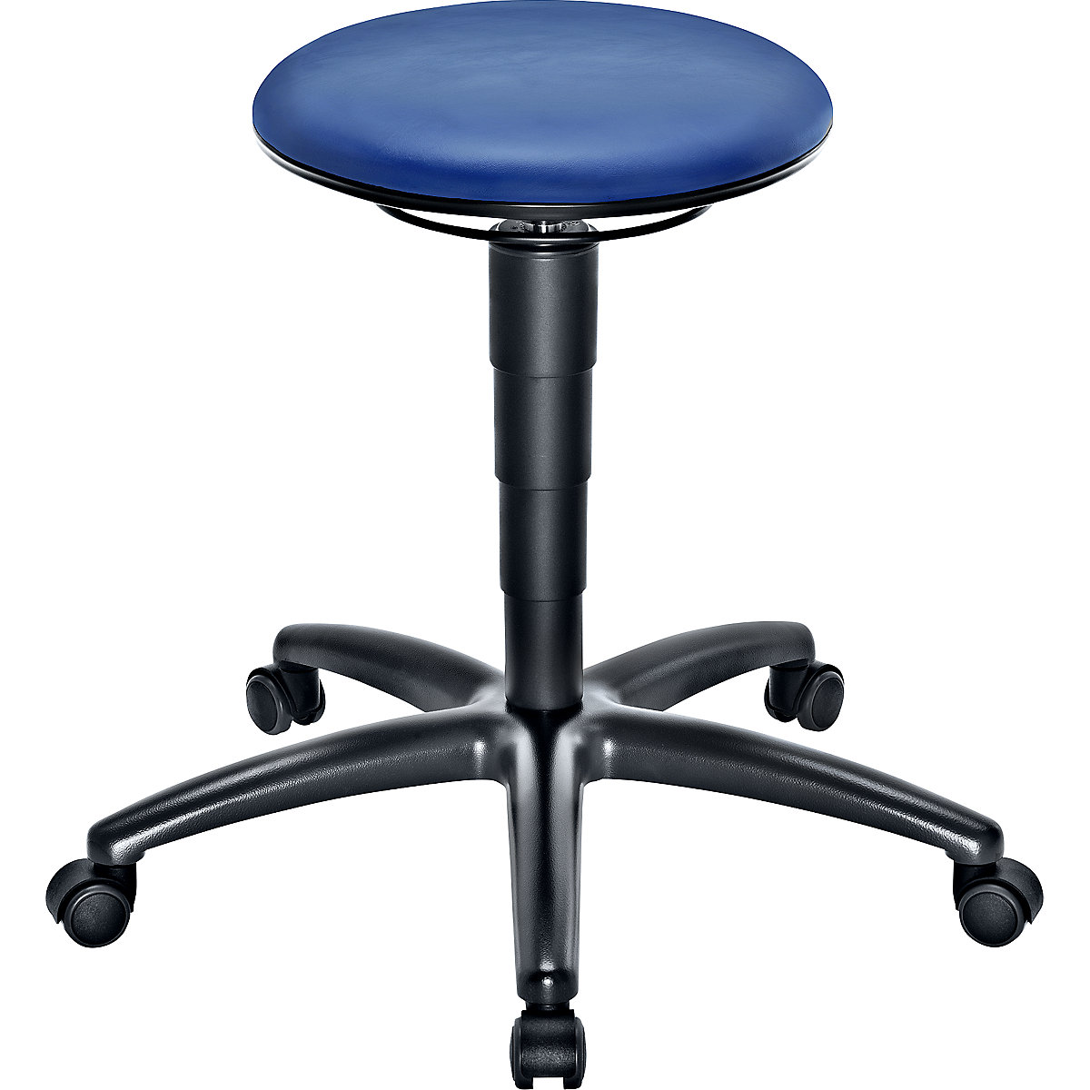 Pracovní stolička s přestavováním výšky plynovým pístem – eurokraft pro, sedák z modré koženky, s kolečky-1