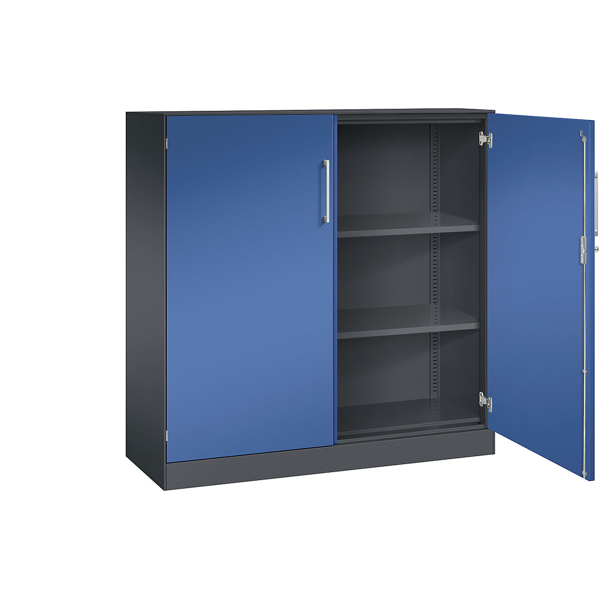 C+P – Skříň s otočnými dveřmi ASISTO, výška 1292 mm, šířka 1200 mm, 2 police, černošedá/enciánová modrá