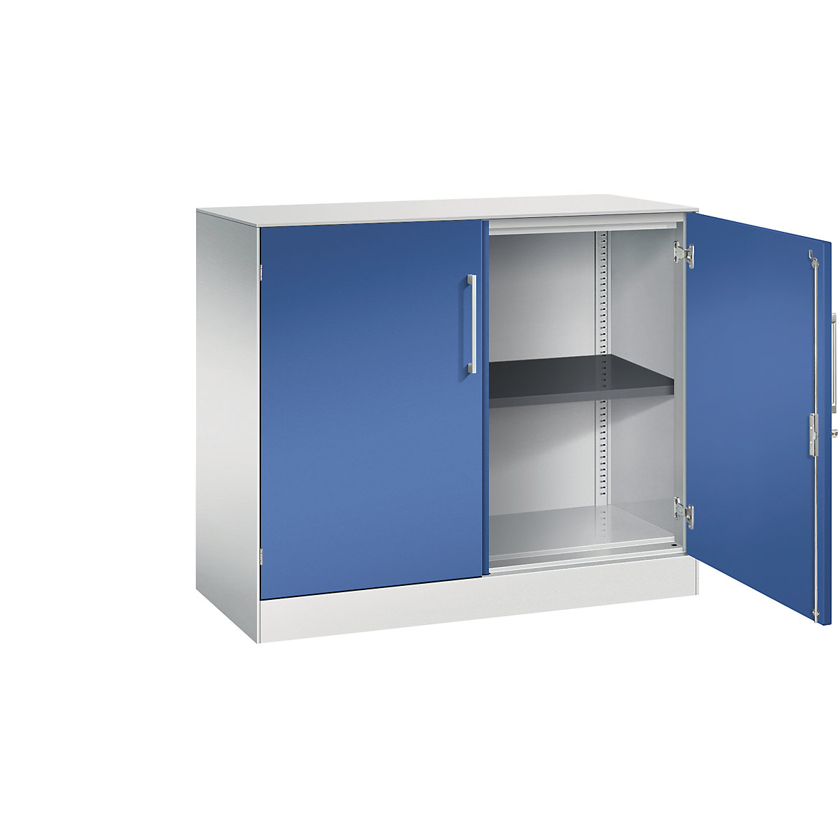 C+P – Skříň s otočnými dveřmi ASISTO, výška 897 mm, šířka 1000 mm, 1 police, světlá šedá/enciánová modrá