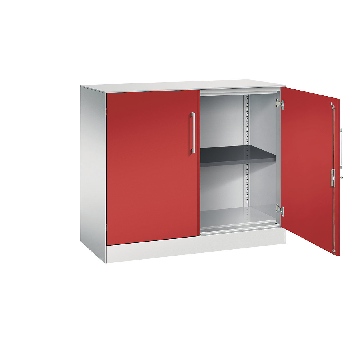 C+P – Skříň s otočnými dveřmi ASISTO, výška 897 mm, šířka 1000 mm, 1 police, světlá šedá/ohnivě červená