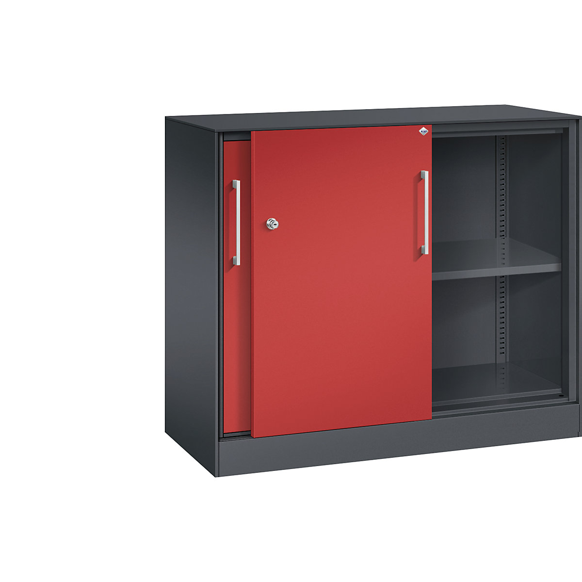 C+P – Skříň s posuvnými dveřmi ASISTO, výška 897 mm, šířka 1000 mm, černošedá/ohnivě červená