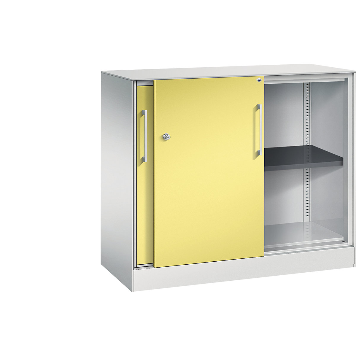 C+P – Skříň s posuvnými dveřmi ASISTO, výška 897 mm, šířka 1000 mm, světlá šedá/sírová žlutá