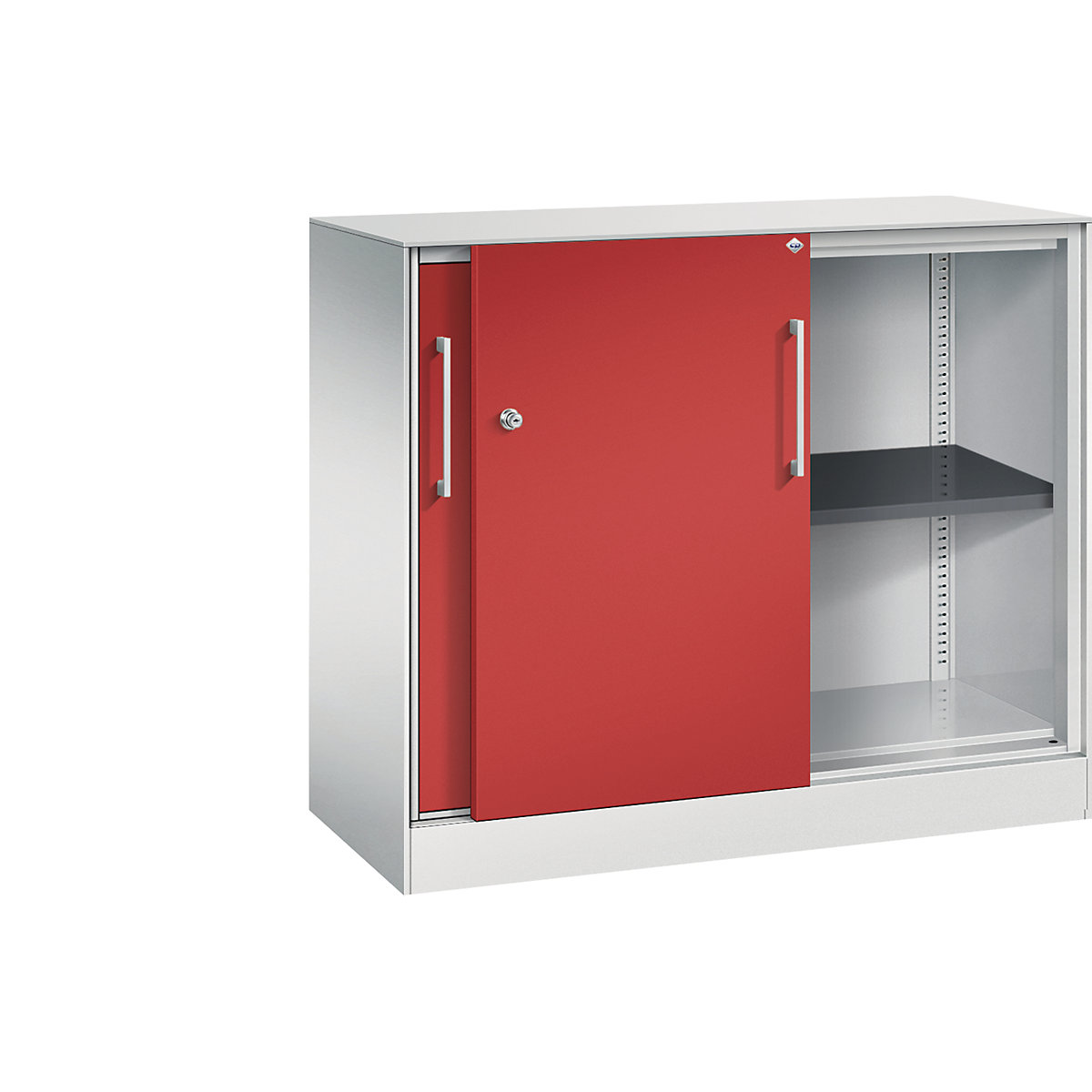 C+P – Skříň s posuvnými dveřmi ASISTO, výška 897 mm, šířka 1000 mm, světlá šedá/ohnivě červená