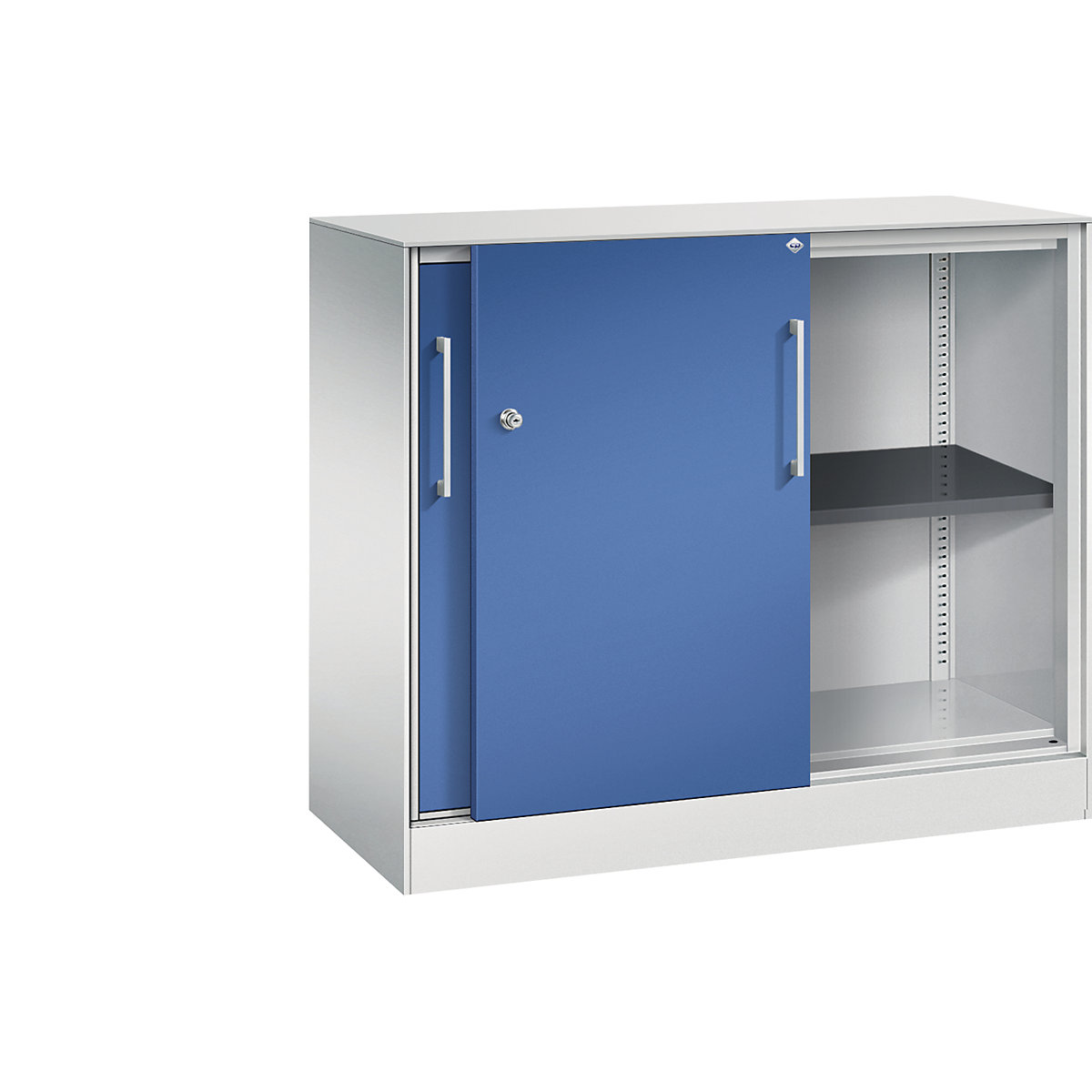 C+P – Skříň s posuvnými dveřmi ASISTO, výška 897 mm, šířka 1000 mm, světlá šedá/enciánová modrá