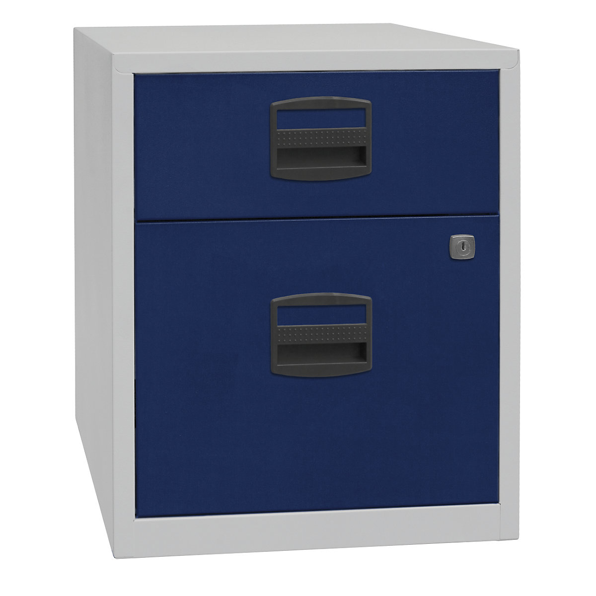 Mobilní přístavná skříň PFA – BISLEY, 1 zásuvka, 1 kartotéka pro závěsné složky, světlá šedá / oxfordská modrá-5