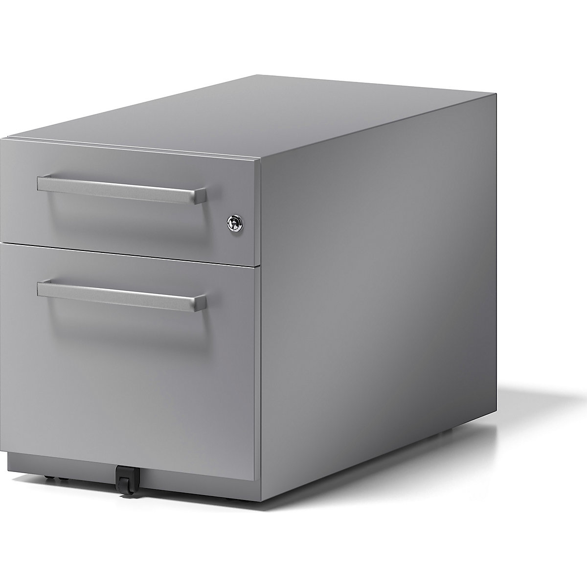 BISLEY – Pojízdný kontejner Note™, s 1 kartotékou pro závěsné složky a 1 univerzální zásuvkou, v x š x h 495 x 420 x 775 mm, s rukojetí, bez horní krycí desky, stříbrná