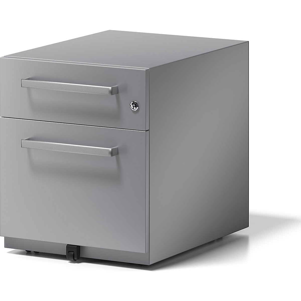 BISLEY – Pojízdný kontejner Note™, s 1 kartotékou pro závěsné složky a 1 univerzální zásuvkou, v x š x h 495 x 420 x 565 mm, s rukojetí, stříbrná