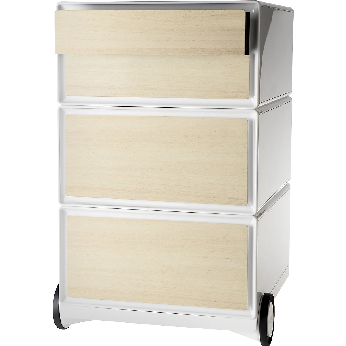 Pojízdný kontejner easyBox® – Paperflow, 2 zásuvky, 2 ploché výsuvy, bílá / buk-11
