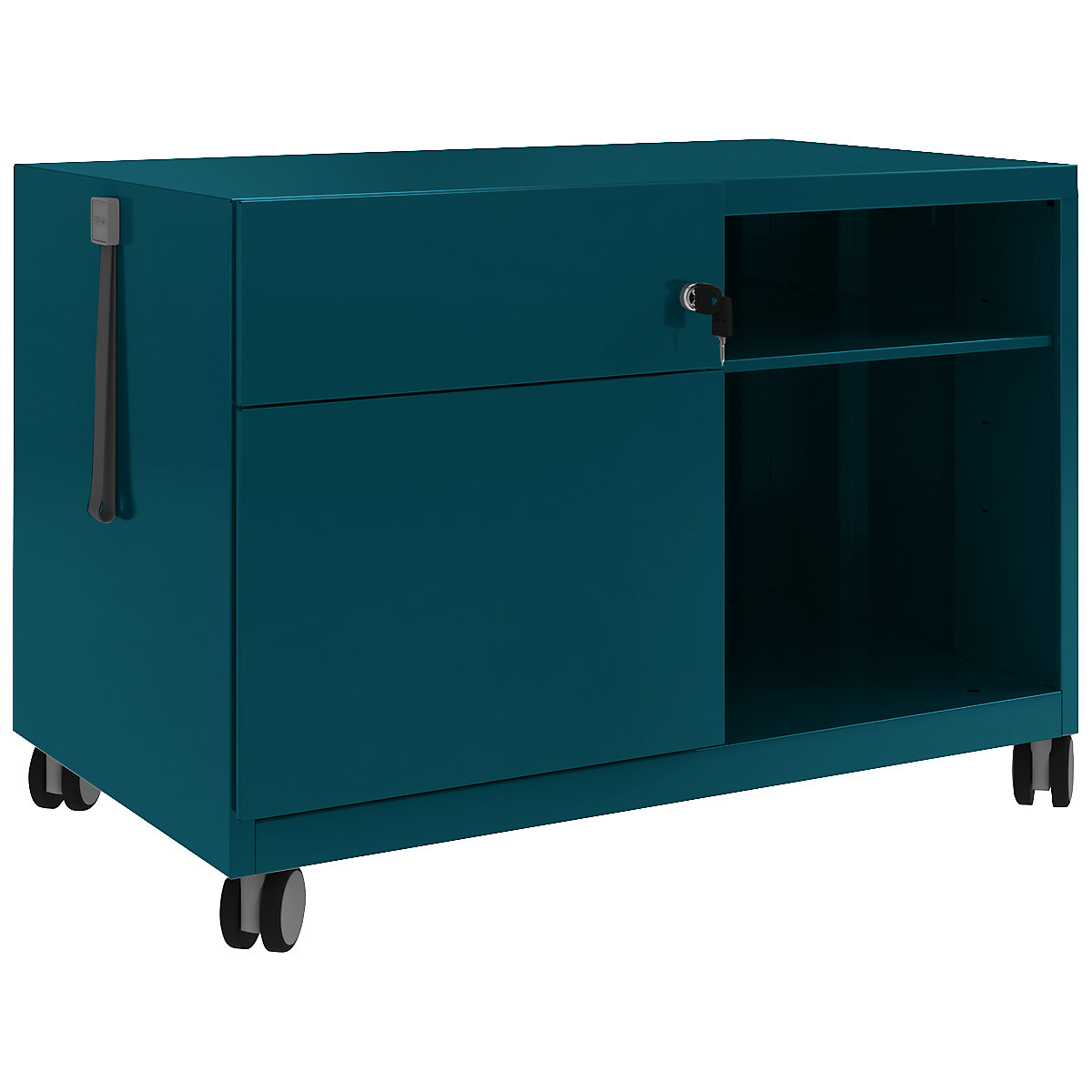 Pojízdný kontejner s policemi Note™ CADDY, v x š x h 563 x 800 x 490 mm – BISLEY, vlevo 1 univerzální zásuvka a zásuvka pro závěsné složky, modrá oceán-21