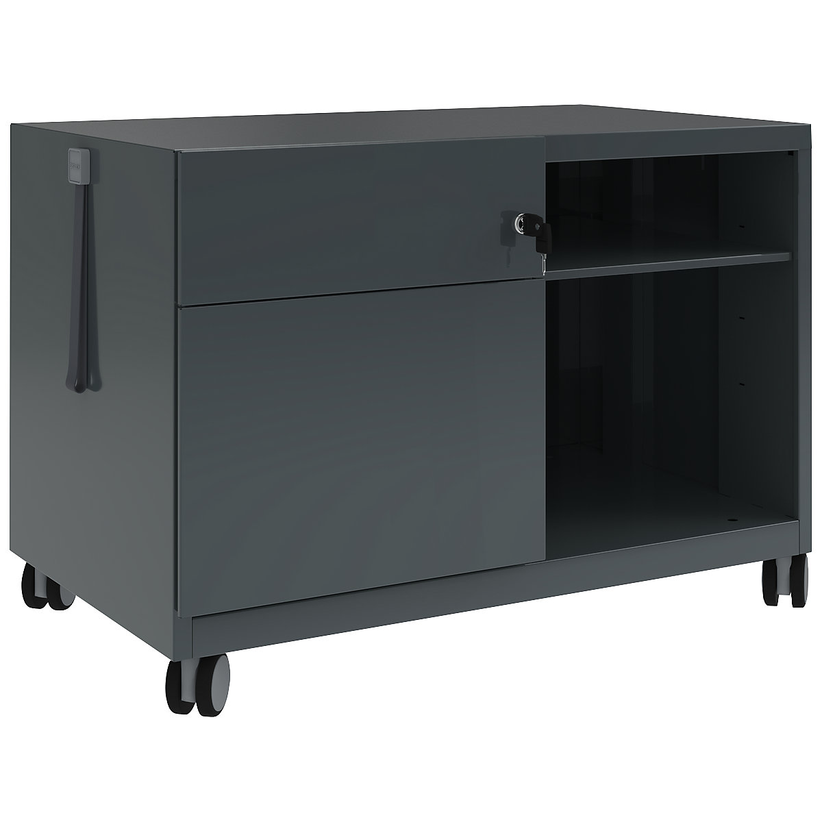 Pojízdný kontejner s policemi Note™ CADDY, v x š x h 563 x 800 x 490 mm – BISLEY, vlevo 1 univerzální zásuvka a zásuvka pro závěsné složky, antracitová šedá-2