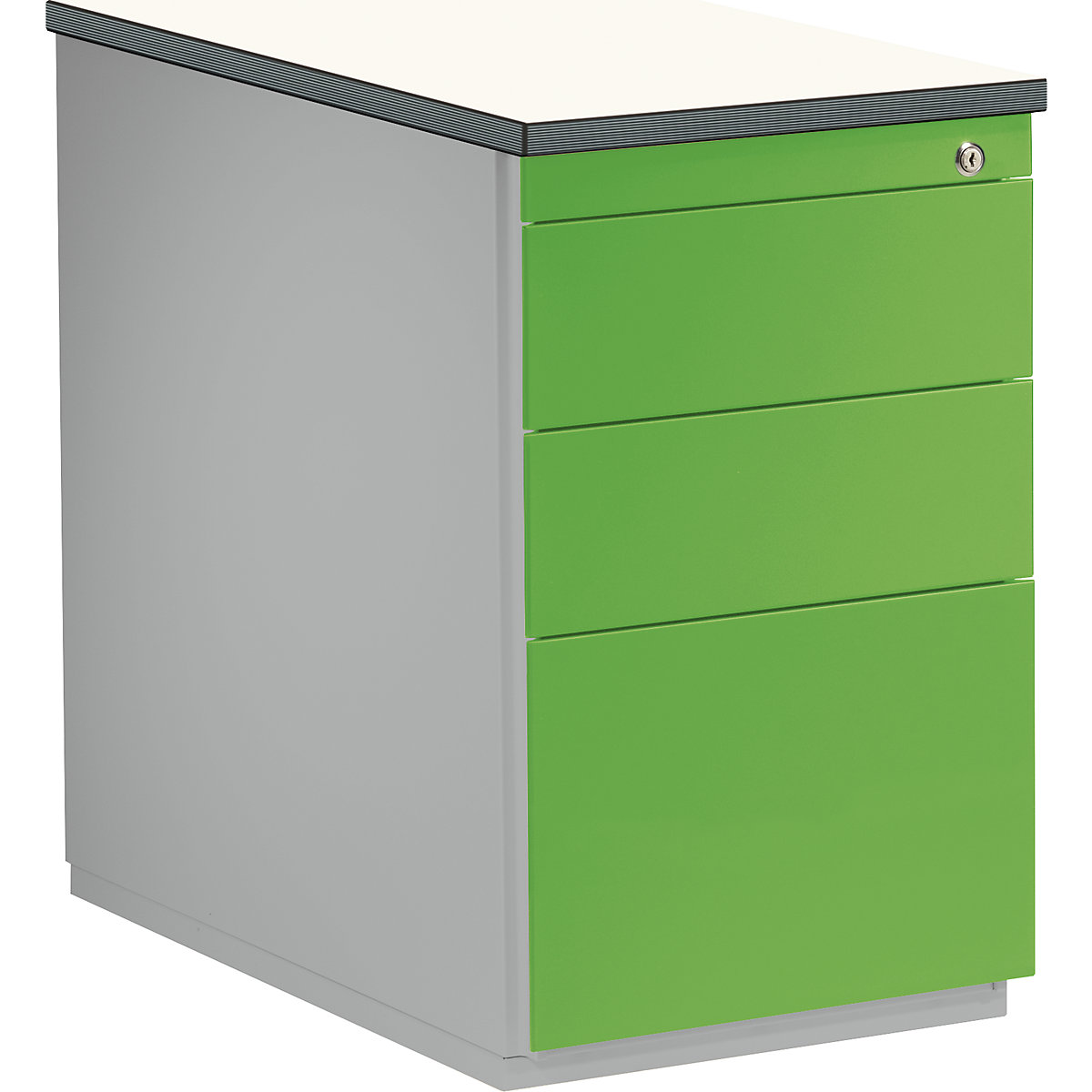 Zásuvkový kontejner – mauser, v x h 720 x 800 mm, 2 zásuvky na materiál, 1 kartotéka pro závěsné složky, bílý hliník / zelenožlutá / bílá-12