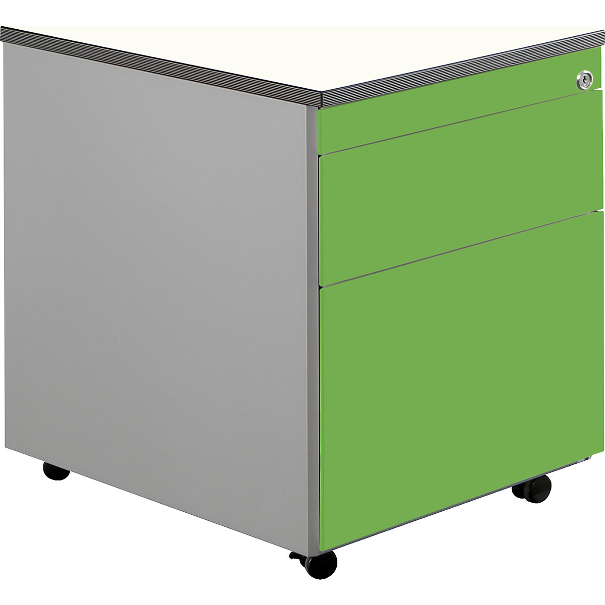 Zásuvkový kontejner s koly – mauser, v x h 579 x 600 mm, 1 zásuvka na materiál, 1 kartotéka pro závěsné složky, bílý hliník / zelenožlutá / bílá-6