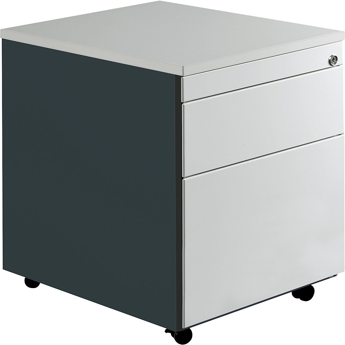 Zásuvkový kontejner s koly – mauser, v x h 579 x 600 mm, 1 zásuvka na materiál, 1 kartotéka pro závěsné složky, antracitově šedá / světle šedá / světle šedá-3