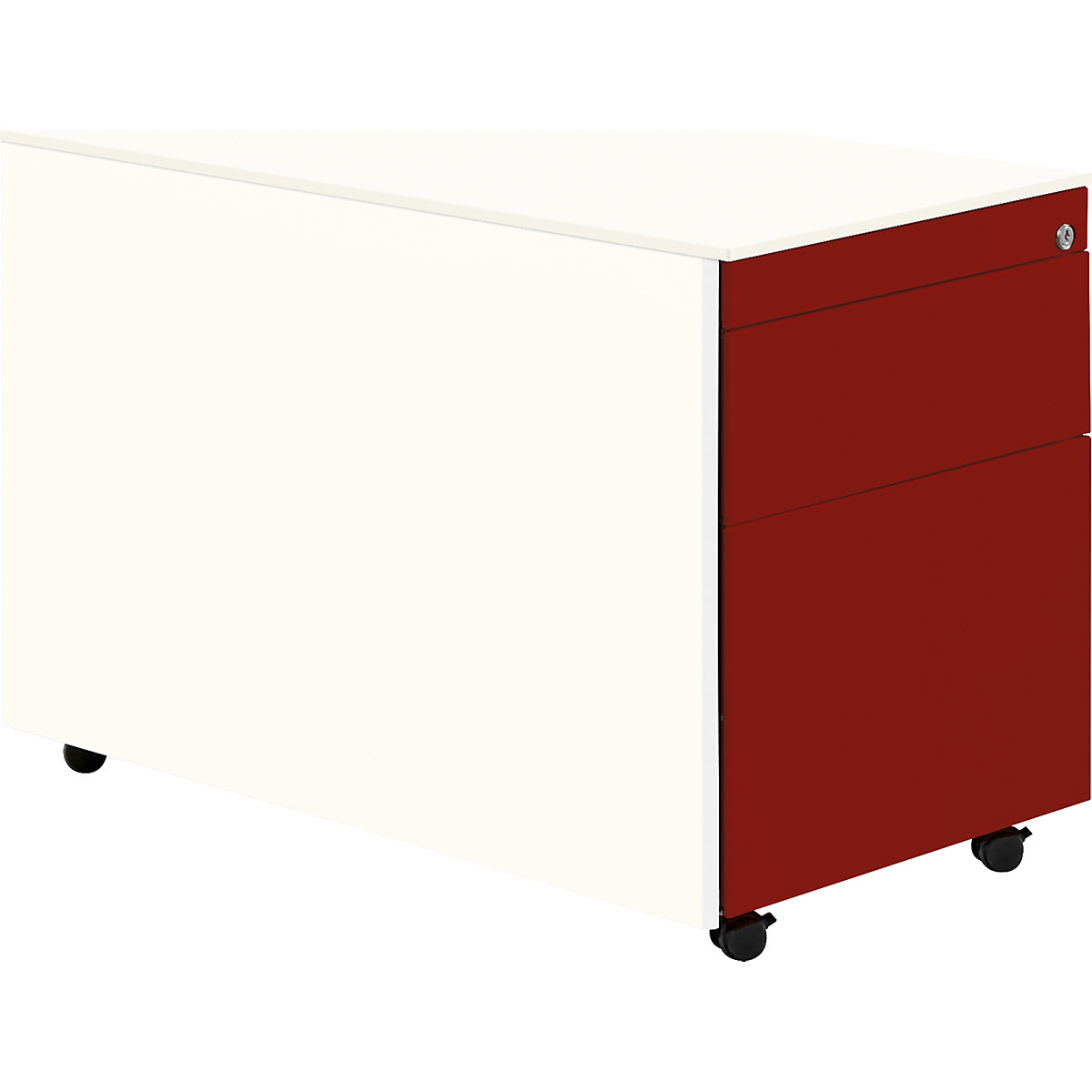 Zásuvkový kontejner s koly – mauser, v x h 570 x 800 mm, 1 zásuvka na materiál, 1 kartotéka pro závěsné složky, čistá bílá / rubínová / čistá bílá-12