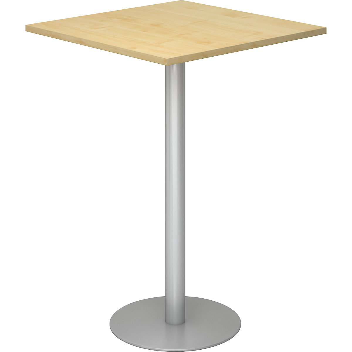 Barový stůl, d x š 800 x 800 mm, výška 1116 mm, stříbrný podstavec, deska javorový dekor