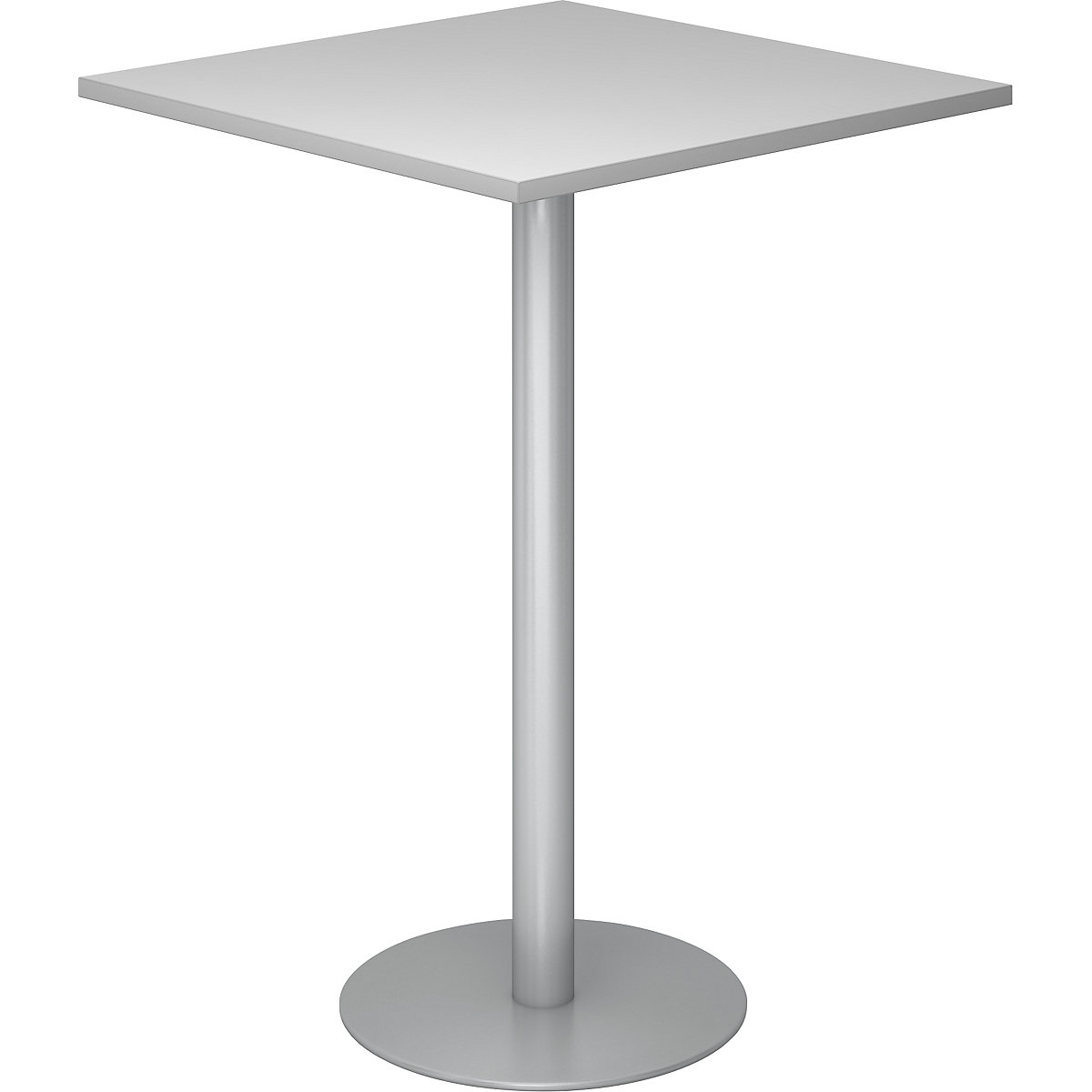 Barový stůl, d x š 800 x 800 mm, výška 1116 mm, stříbrný podstavec, deska světle šedá