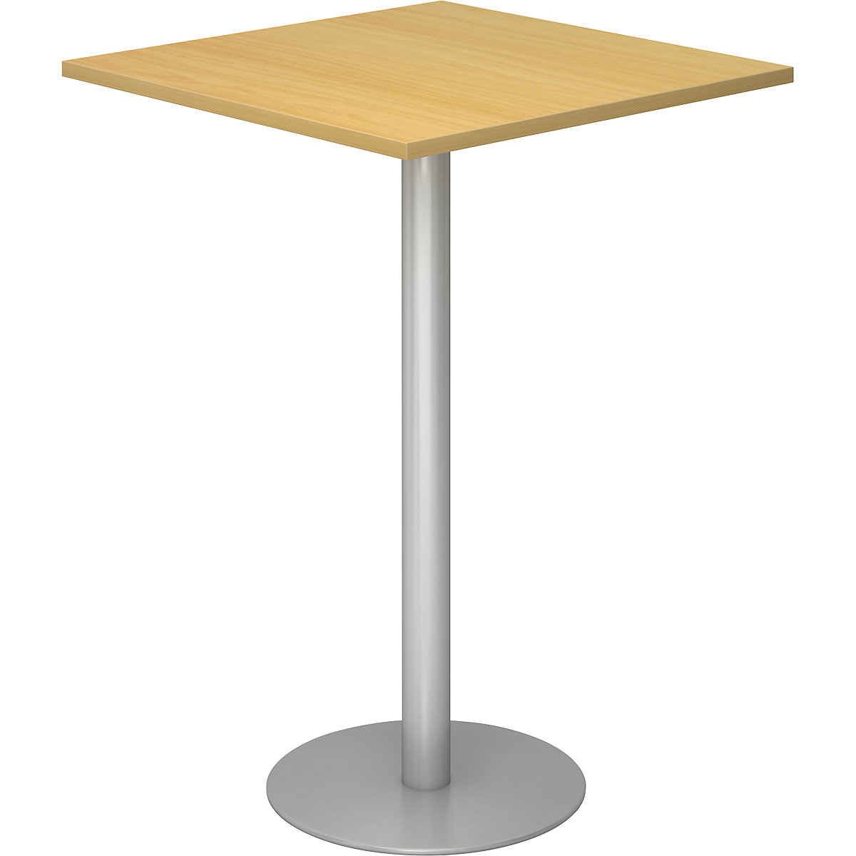 Barový stůl, d x š 800 x 800 mm, výška 1116 mm, stříbrný podstavec, deska bukový dekor