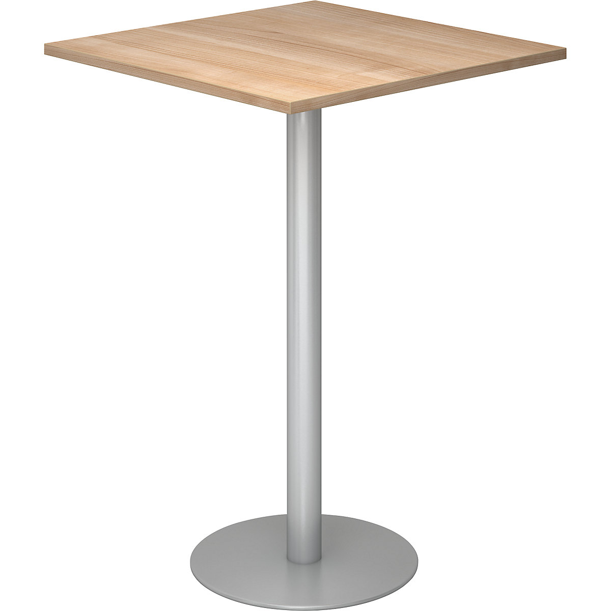 Barový stůl, d x š 800 x 800 mm, výška 1116 mm, stříbrný podstavec, deska ořechový dekor