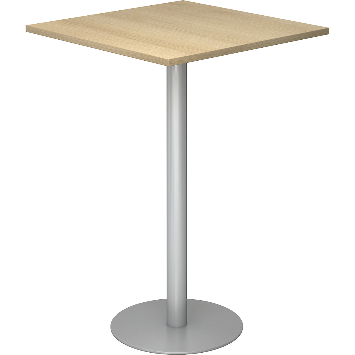 Barový stůl, d x š 800 x 800 mm, výška 1116 mm, stříbrný podstavec, deska dubový dekor