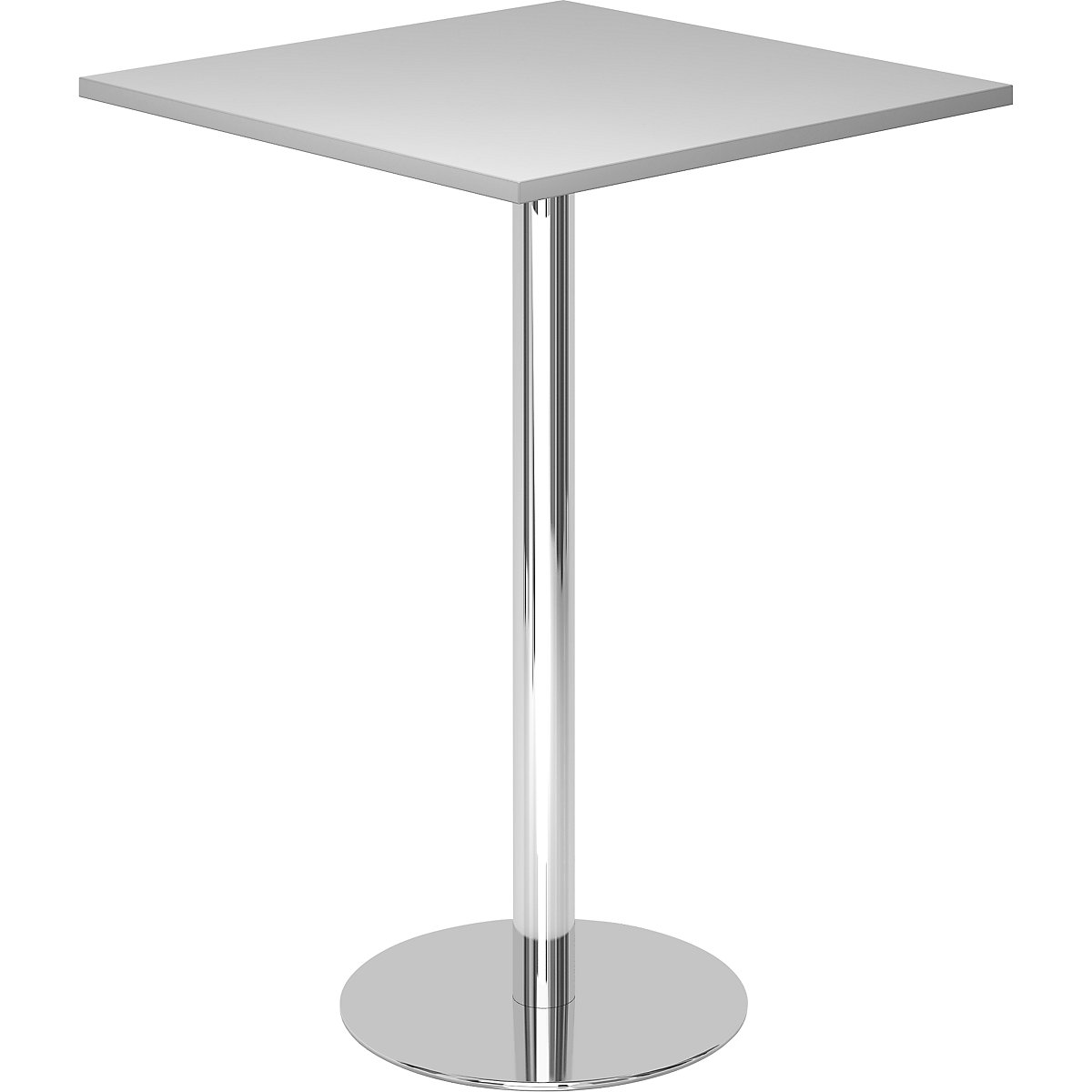 Barový stůl, d x š 800 x 800 mm, výška 1116 mm, pochromovaný podstavec, deska světle šedá