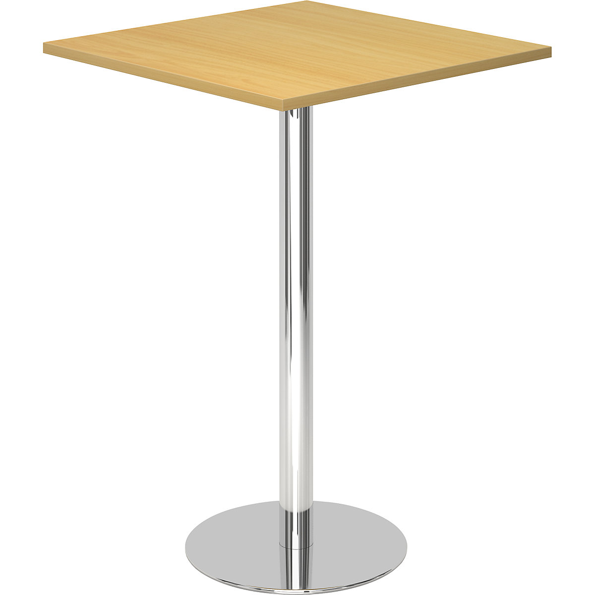 Barový stůl, d x š 800 x 800 mm, výška 1116 mm, pochromovaný podstavec, deska bukový dekor