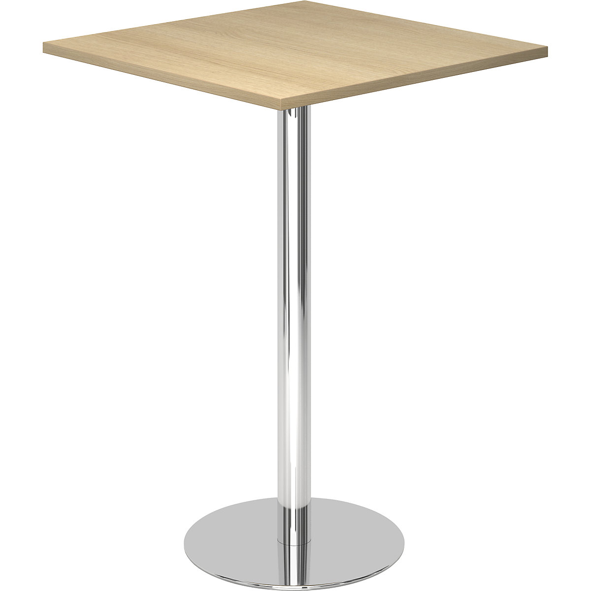 Barový stůl, d x š 800 x 800 mm, výška 1116 mm, pochromovaný podstavec, deska dubový dekor