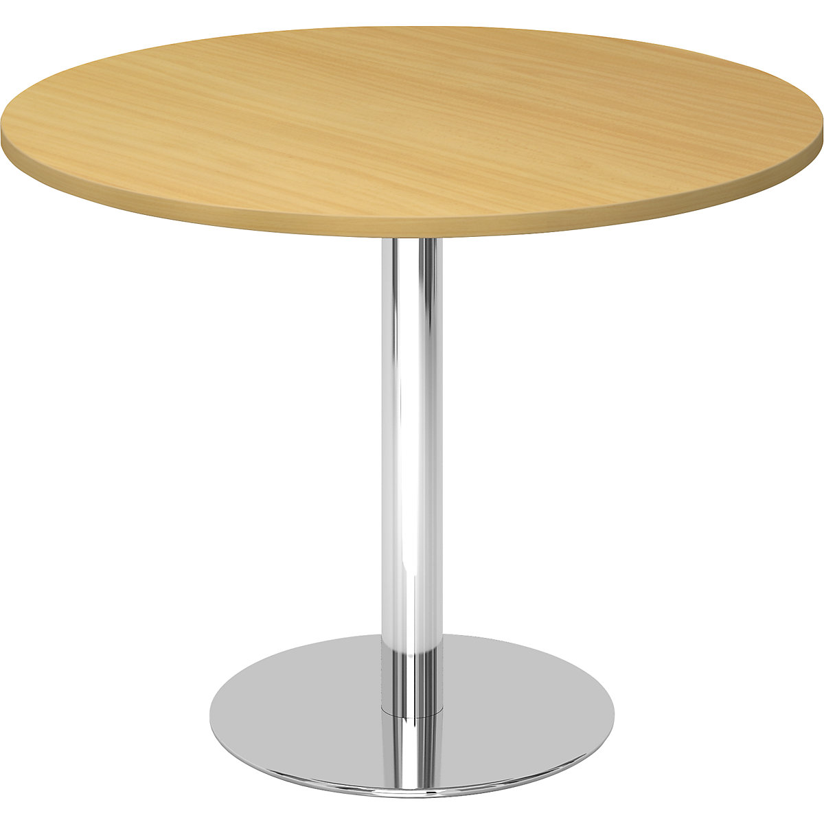 Jednací stůl, Ø 1000 mm, výška 755 mm, pochromovaný podstavec, deska bukový dekor
