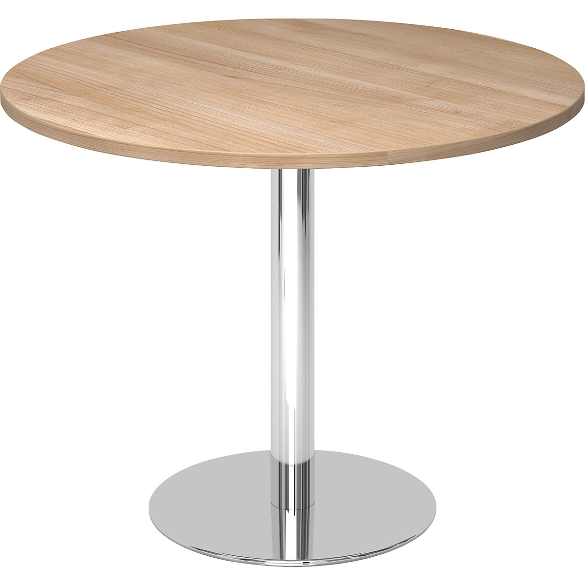 Jednací stůl, Ø 1000 mm, výška 755 mm, pochromovaný podstavec, deska ořechový dekor