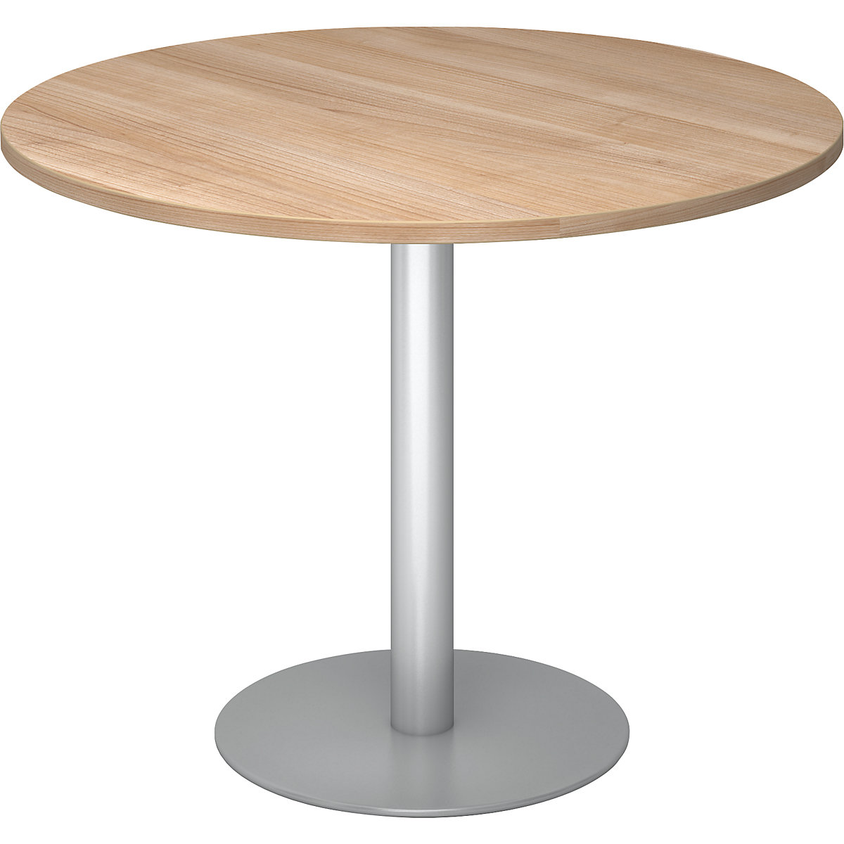 Jednací stůl, Ø 1000 mm, výška 755 mm, stříbrný podstavec, deska ořechový dekor