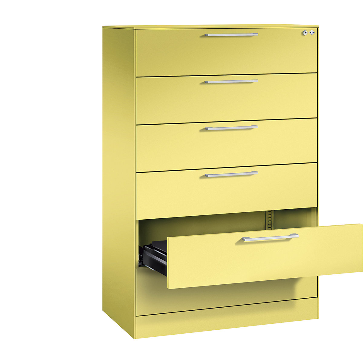 Kartotéková skříň ASISTO – C+P, výška 1292 mm, se 6 výsuvy, DIN A5 na šířku, sírová žlutá/sírová žlutá