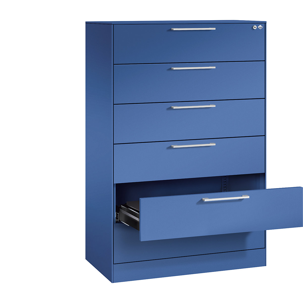 C+P – Kartotéková skříň ASISTO, výška 1292 mm, se 6 výsuvy, DIN A5 na šířku, enciánová modrá/enciánová modrá