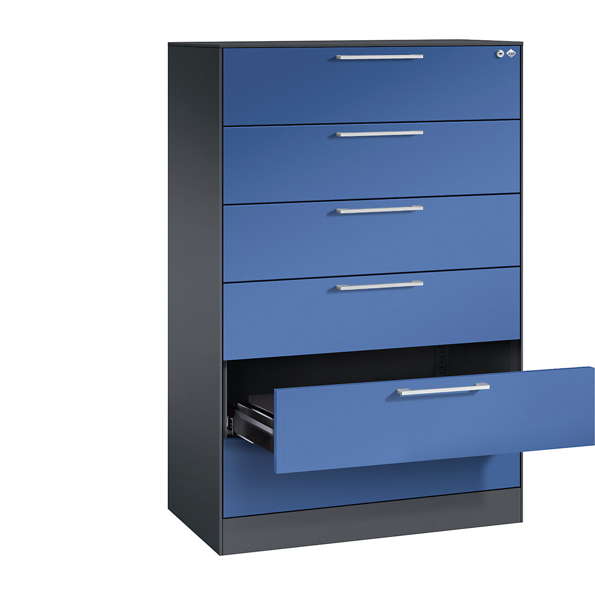 Kartotéková skříň ASISTO – C+P, výška 1292 mm, se 6 výsuvy, DIN A5 na šířku, černošedá/enciánová modrá