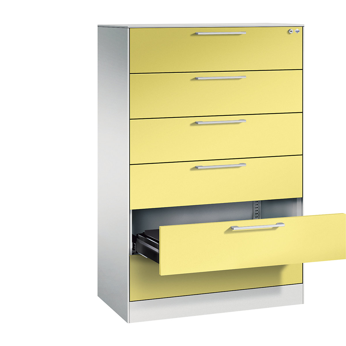 Kartotéková skříň ASISTO – C+P, výška 1292 mm, se 6 výsuvy, DIN A5 na šířku, světlá šedá/sírová žlutá