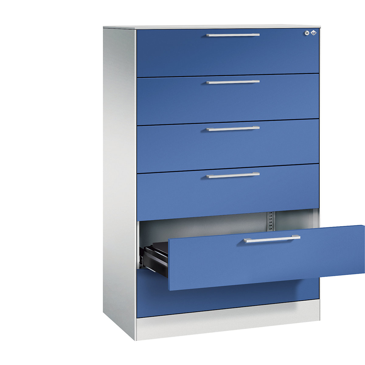 C+P – Kartotéková skříň ASISTO, výška 1292 mm, se 6 výsuvy, DIN A5 na šířku, světlá šedá/enciánová modrá