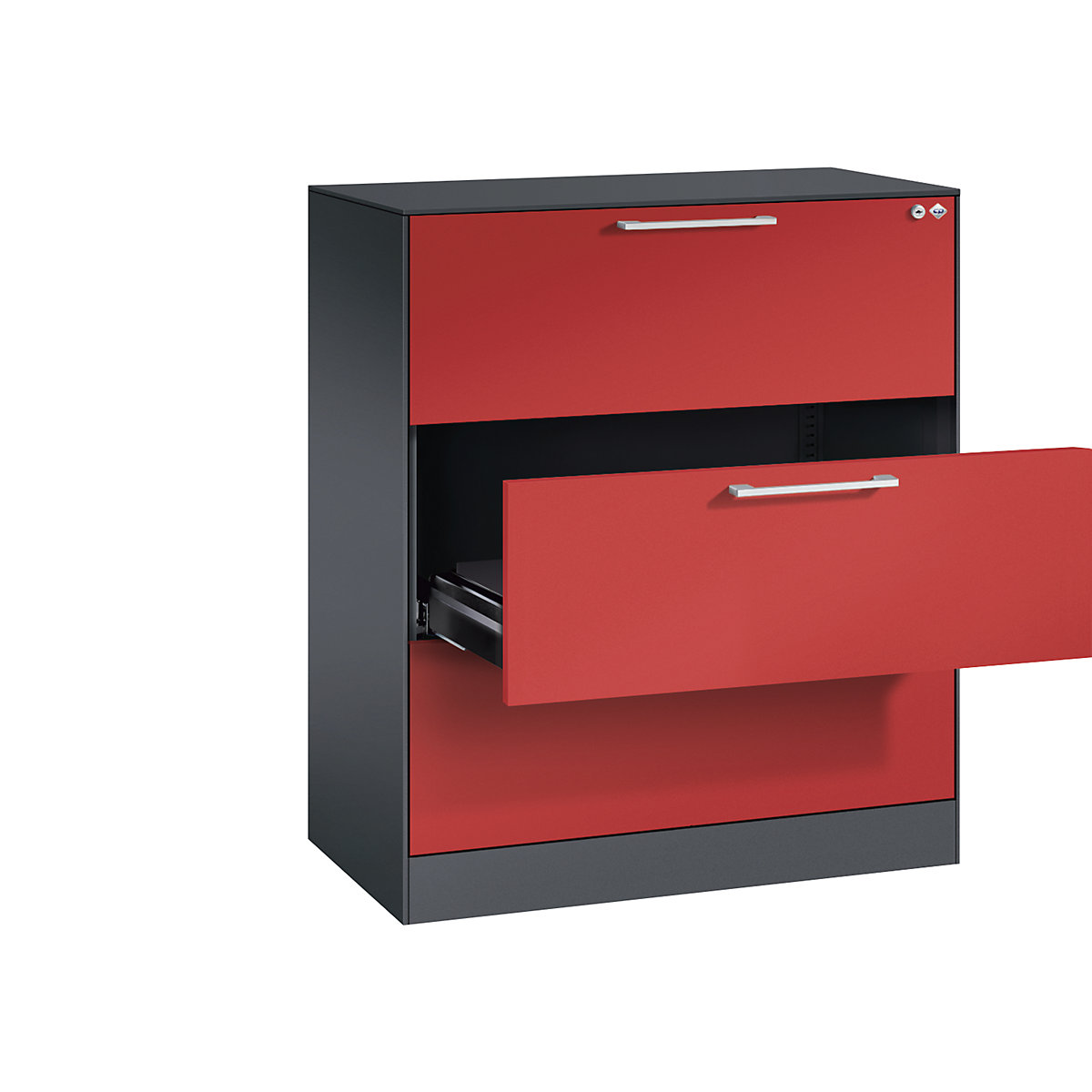 C+P – Kartotéková skříň ASISTO, výška 992 mm, se 3 výsuvy, DIN A4 na šířku, černošedá/ohnivě červená