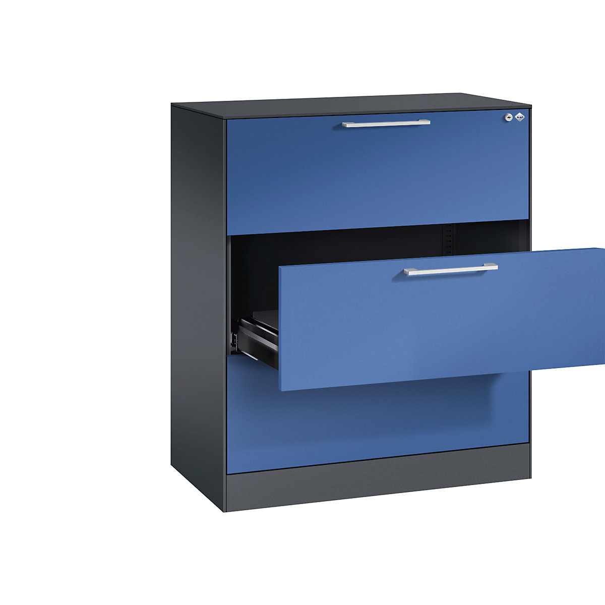 C+P – Kartotéková skříň ASISTO, výška 992 mm, se 3 výsuvy, DIN A4 na šířku, černošedá/enciánová modrá