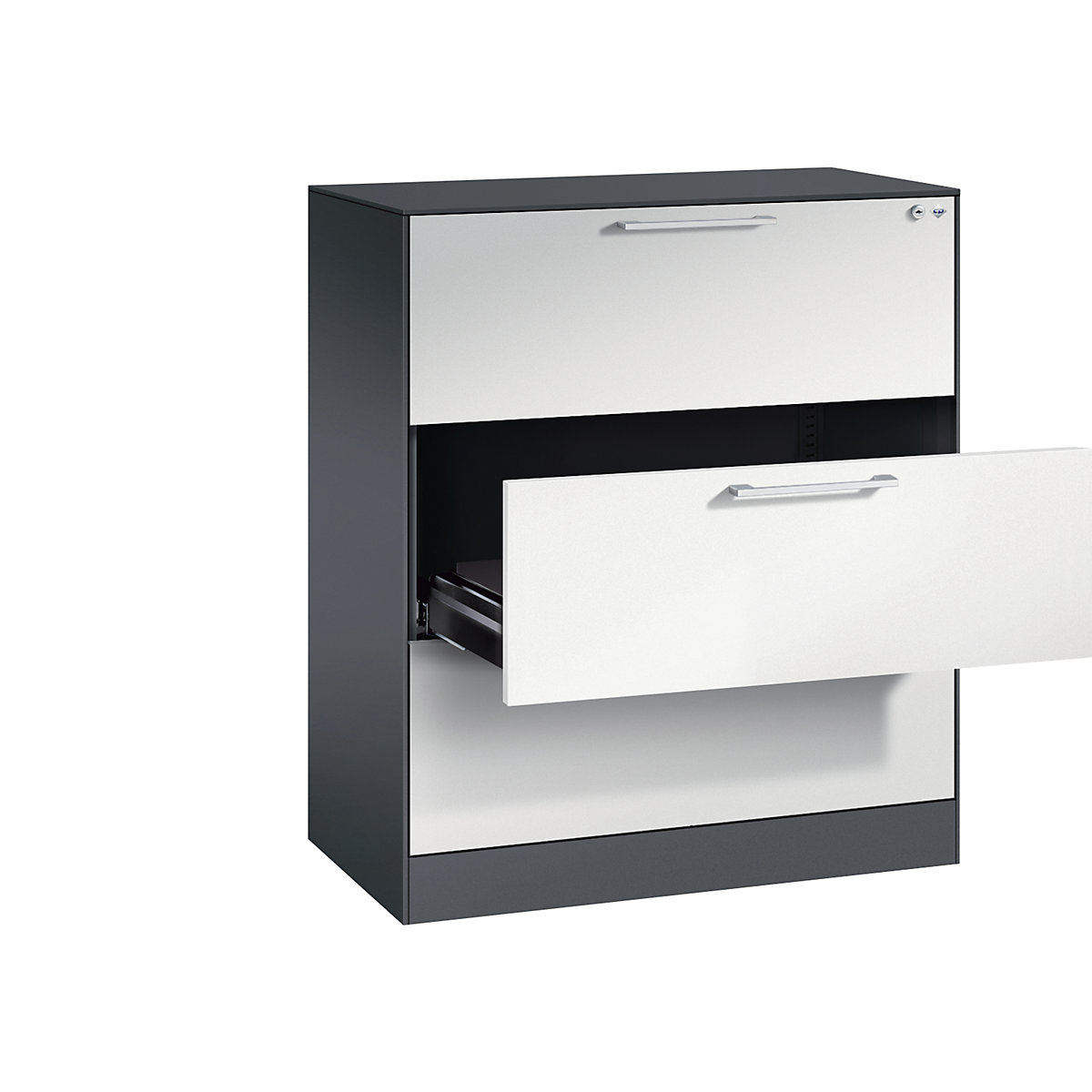 C+P – Kartotéková skříň ASISTO, výška 992 mm, se 3 výsuvy, DIN A4 na šířku, černošedá/světlá šedá
