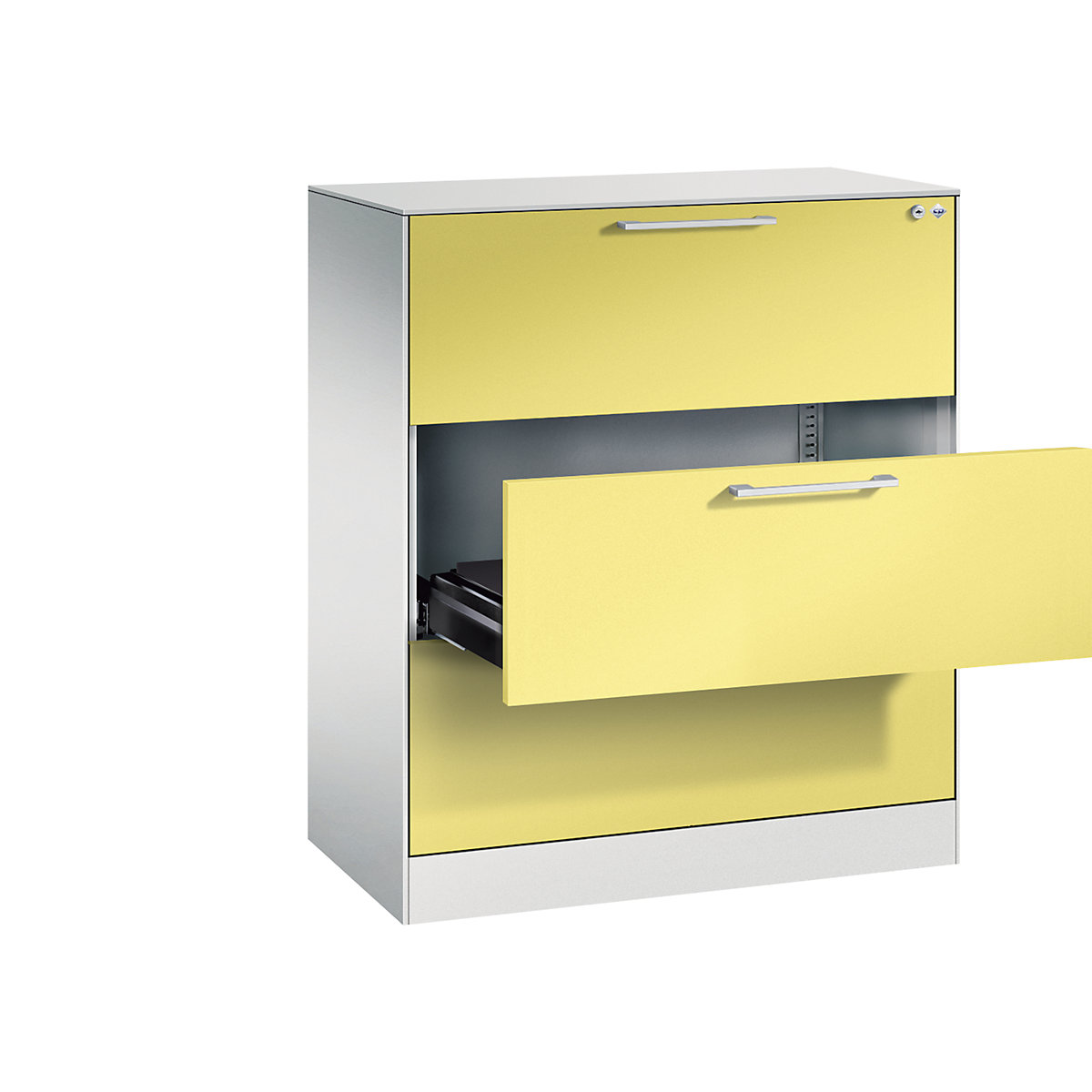C+P – Kartotéková skříň ASISTO, výška 992 mm, se 3 výsuvy, DIN A4 na šířku, světlá šedá/sírová žlutá