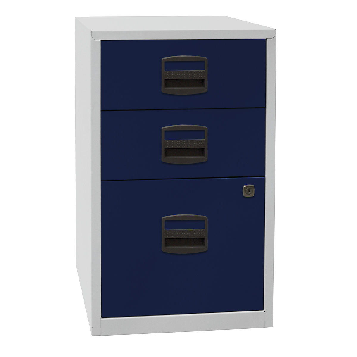 Přístavná skříň PFA – BISLEY, 2 zásuvky, 1 kartotéka pro závěsné složky, světlá šedá / oxfordská modrá-2