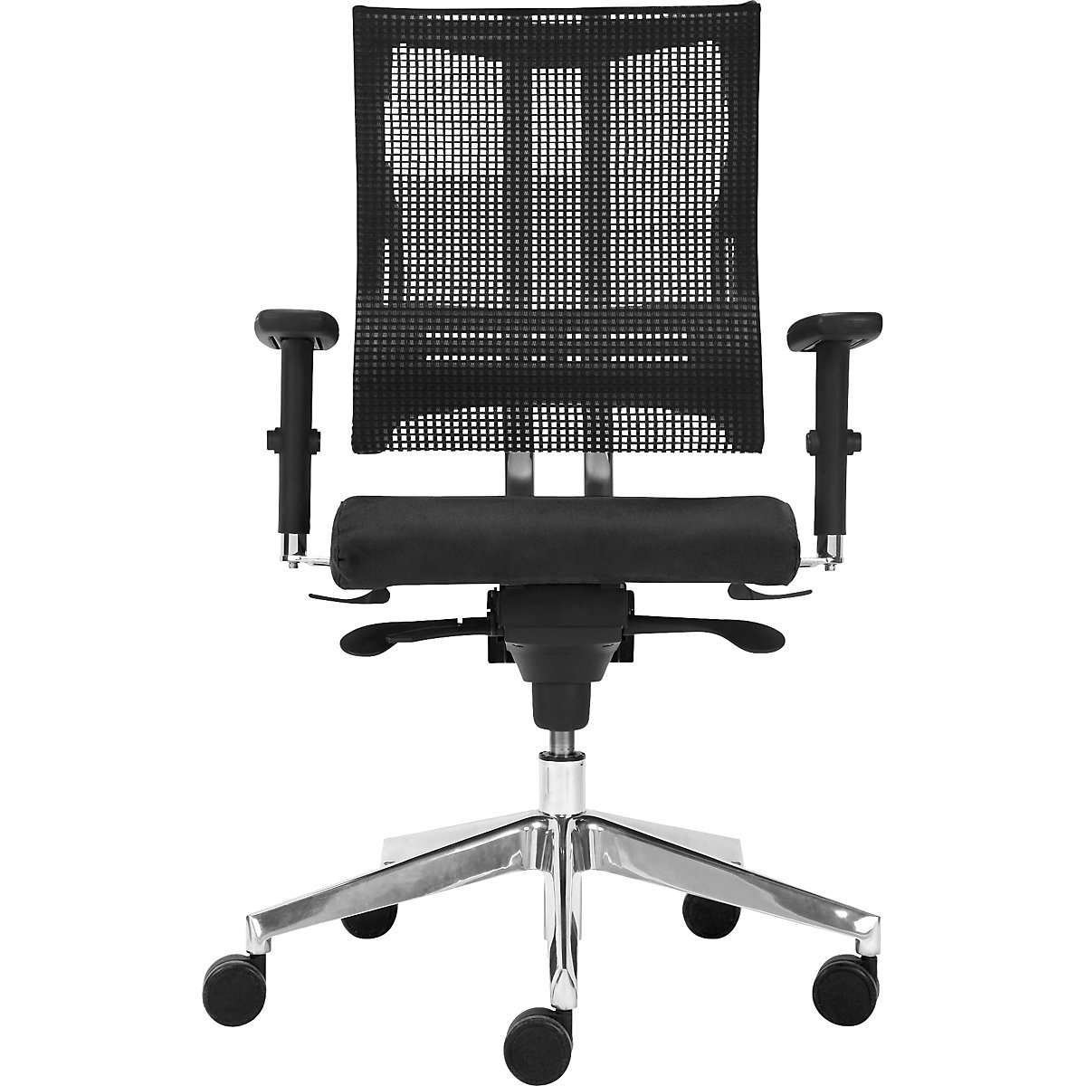 Kancelárska otočná stolička NET-MOTION, so sieťovým operadlom a driekovou podperou, opierka a sedadlo čierna, podstavec chrómovaný