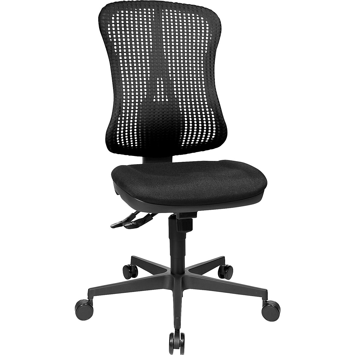 Otočná stolička pre ľudí s problémami s platničkami, žliabkové sedadlo – Topstar, bez lakťových opierok, sedadlo čierna, sieťové operadlo čierna-8