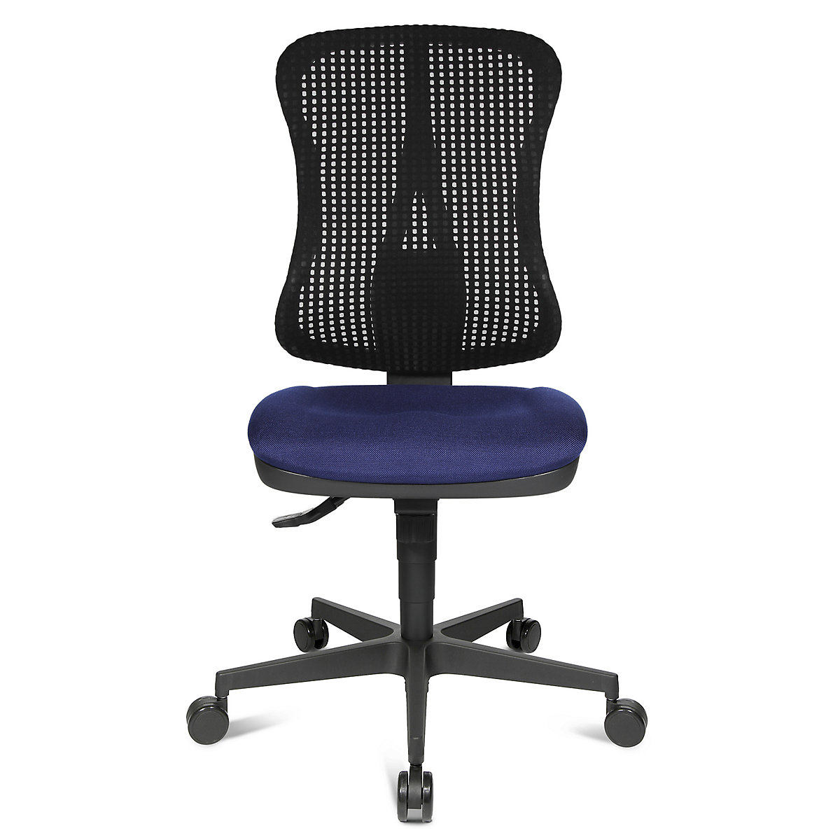 Otočná stolička pre ľudí s problémami s platničkami, žliabkové sedadlo – Topstar, bez lakťových opierok, sedadlo modrá, sieťové operadlo čierna-10