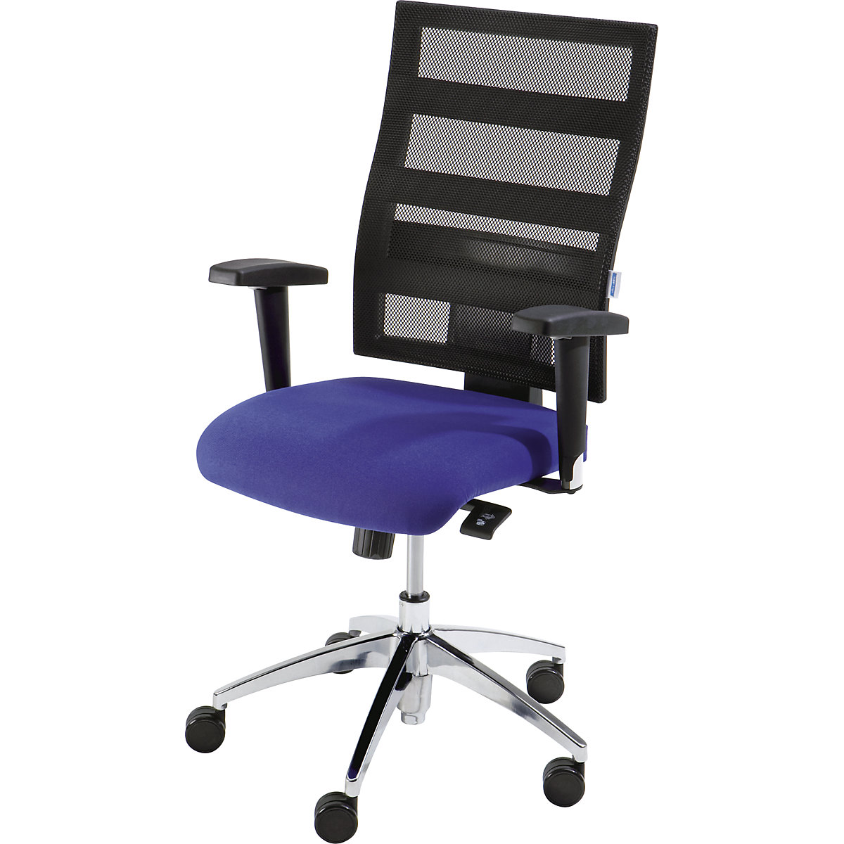EUROKRAFTpro – Otočná stolička pre operátora, výška operadla 550 mm, bodovo synchrónna mechanika, ploché sedadlo, sedadlo modrá, sieťkované operadlo čierna