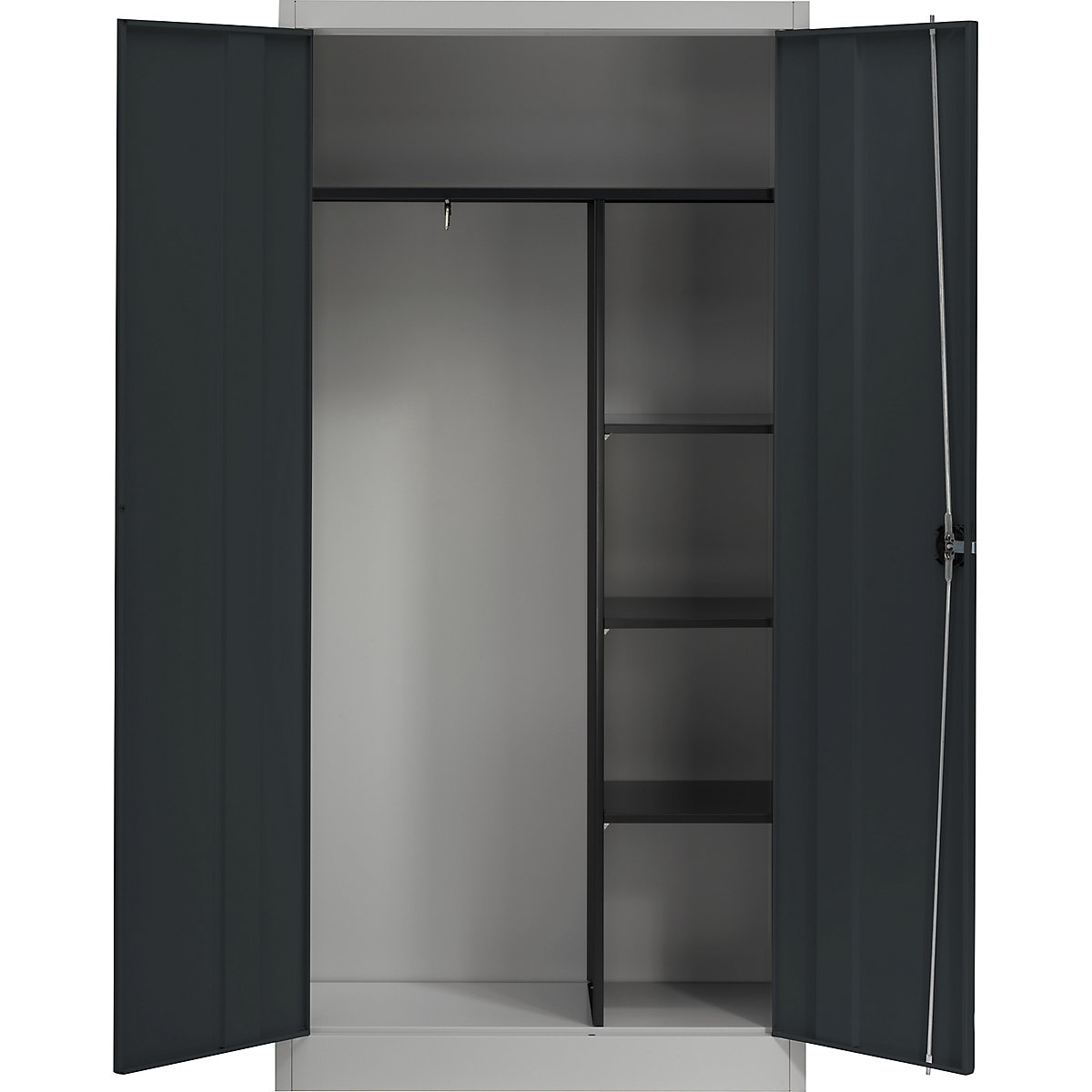 mauser – Oceľová skriňa s krídlovými dverami, 3 krátke police a šatník, strieborná / antracitová šedá